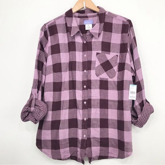 Laura Scott Purple Gingham Plaid Roll Tab Sleeve Button Up Shirt NEW - Picture 1 of 14
